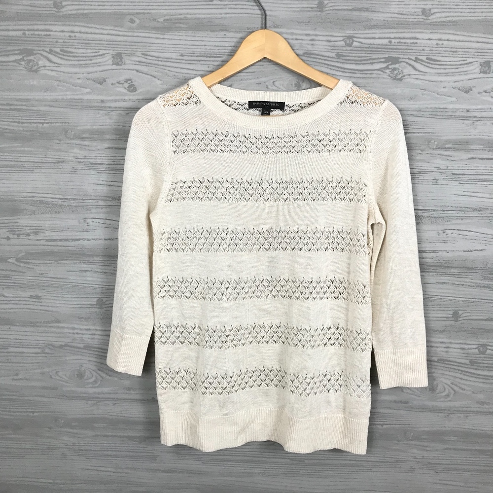 LAST CHANCE  BR | Ivory Crewneck Stripe Eyelet Spring Sweater